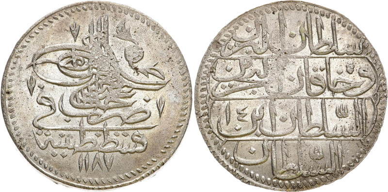 TÜRKEI
Abdul Hamid I. Piastre 1786 (AH 1187/14) KM 398; Pere 676. 17.45 g. Selt...
