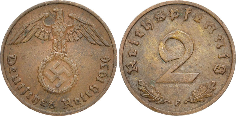 DRITTES REICH
 2 Reichspfennig 1936 F. J. 362. 3.08 g. Min. berieben, winz. Kra...