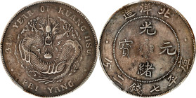 CHINA. Chihli (Pei Yang). 7 Mace 2 Candareens (Dollar), Year 34 (1908). Tientsin Mint. Kuang-hsu (Guangxu). PCGS EF-40.
L&M-465; cf. K-208 (for type)...