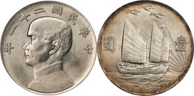 (t) CHINA. Dollar, Year 21 (1932). Shanghai Mint. PCGS MS-62+.
L&M-108; K-622; KM-Y-344; WS-0144. "Birds over junk" variety. Presenting with a satin ...