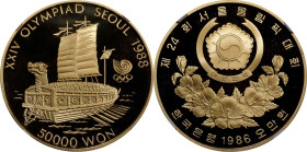 KOREA, SOUTH. 50000 Won, 1986. Olympic Series, "Turtle Boat". NGC PROOF-70 Ultra Cameo.
Fr-7; KM-59. XXIV Olympic Summer Games: Seoul. A perfect exam...
