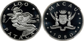 MACAU. 100 Patacas, 1980-PM. Surrey (Pobjoy) Mint. NGC PROOF-69 Ultra Cameo.
KM-16. Lunar series, Year of the Monkey. Mintage: 2,000. An interesting ...
