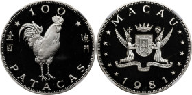 MACAU. 100 Patacas, 1981. Surrey (Pobjoy) Mint. NGC PROOF-69 Ultra Cameo.
Lunar series, Year of the Cock. Mintage: 1,000. KM-18. A dazzling example, ...