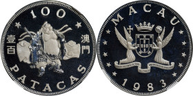 MACAU. 100 Patacas, 1983. Singapore Mint. NGC PROOF-68 Ultra Cameo.
KM-27. Lunar series, Year of the Pig. Mintage: 2,500. A delightful and whimsical ...