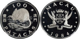 MACAU. 100 Patacas, 1984. Singapore Mint. NGC PROOF-68 Ultra Cameo.
KM-29. Lunar series, Year of the Rat. Mintage: 5,000. Featuring a crouching rat, ...