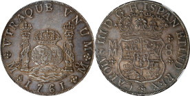 MEXICO. 8 Reales, 1761-Mo MM. Mexico City Mint. Charles III. NGC MS-62.
KM-105; Cal-1075. Variety with cross between "H" and "I". An enchanting survi...