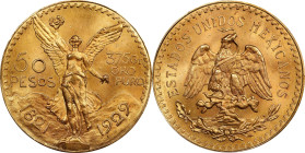 MEXICO. 50 Pesos, 1929. Mexico City Mint. PCGS MS-64+.
Fr-172; KM-481. AGW: 1.205 oz. On the cusp of Gem status, this stunner presents a bright golde...
