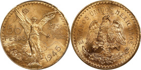 MEXICO. 50 Pesos, 1944. Mexico City Mint. PCGS MS-64.
Fr-172; KM-481. With an impressive 1.205 oz of gold, this near-Gem is glorious and stunning. Wi...
