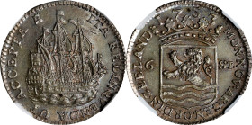 NETHERLANDS. Zeeland. 6 Stuivers Piefort, 1753. NGC MS-63.
KM-P29. Seldom offered is such a state of preservation, this survivor is fully Choice with...