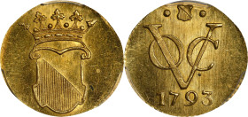 NETHERLANDS EAST INDIES. Utrecht. Dutch East India Company. Gold 1/2 Duit Pattern, 1793. PCGS PROOF-64.
KM-112.1B; Sch-429 (RR). Weight: 1.72 gms. A ...