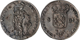 NETHERLANDS EAST INDIES. Dutch East India Company. Utrecht. 3 Gulden, 1786. NGC MS-61.
KM-117; Sch-61B. Hand resting on hip of Neerlandia. A RARE var...