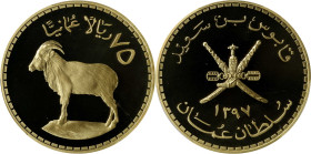OMAN. 75 Omani Rials, AH 1397 (1976). Llantrisant Mint. Qaboos bin Said. PCGS PROOF-69 Deep Cameo.
Fr-5; KM-63. Wildlife Conservation series: Arabian...