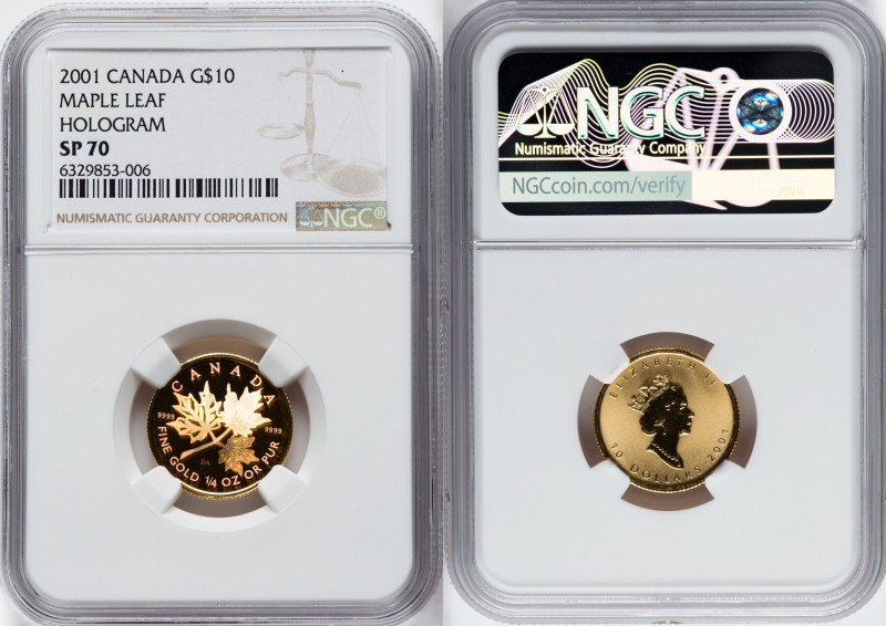 Elizabeth II gold Hologram Specimen "Maple Leaf" 10 Dollars (1/4 oz) 2001 SP70 N...