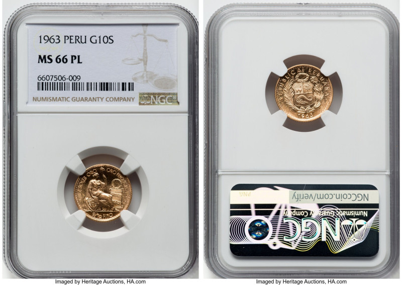Republic gold 10 Soles 1963 MS66 Prooflike NGC, Lima mint, KM236. An adorable li...