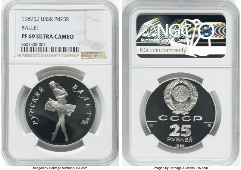 USSR palladium Proof "Ballet" 25 Roubles 1989-(l) PR69 Ultra Cameo NGC, Leningra...