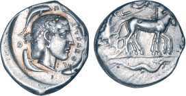 SICILE
Syracuse, (460-450) : Tetradrachme à la tête d'Aréthuse entourée de 4 dauphins - R/: Quadrige au pas à droite, Niké couronnant les chevaux - p...