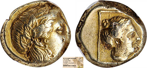 LESBOS
Mytilène (-377/-326) : Hecté (1/6 de statère) à la tête d'Apollon à droi...