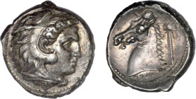 ZEUGITANE
Carthage, monnaies Siculo-puniques (325-290) : Tétradrachme à la tête d'Héraclès à la peau de lion - R/: Tête de cheval et dattier
 - SUP ...