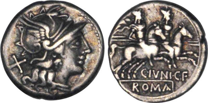 RÉPUBLIQUE (-280/-41)
C. Junius C.f. (-149) : Denier à la tête casquée de Rome ...