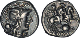 RÉPUBLIQUE (-280/-41)
T. Quinctius Flamininus (-126) : Denier à la tête casquée de Rome à droite - R/: Dioscures galopant à droite, bouclier macédoni...