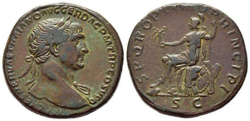 TRAJAN (98-117)
Sesterce : Rome assise à gauche sur une cuirasse
 - TTB 40 (TT...