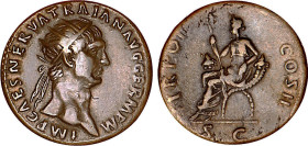 TRAJAN (98-117)
Dupondius : La Justice assise à gauche, accoudée à un siège formé de 2 cornes d'abondance
 - TTB 35 (TTB)
Assez Rare !


SM 3225...
