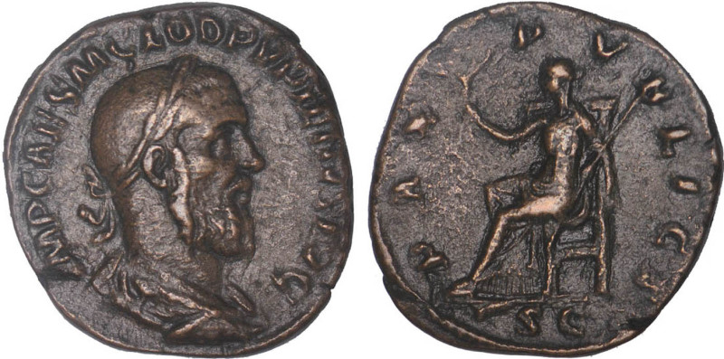 PUPIEN (238)
Sesterce : La paix assise à gauche tenant un sceptre & une branche...