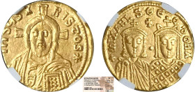 MICHEL III l'ivrogne (842-867)
Solidus : Buste du Christ nimbé de face - R/: Bustes de Michel III & de Théodora couronnés de face
 - TTB 35 (TTB)
T...