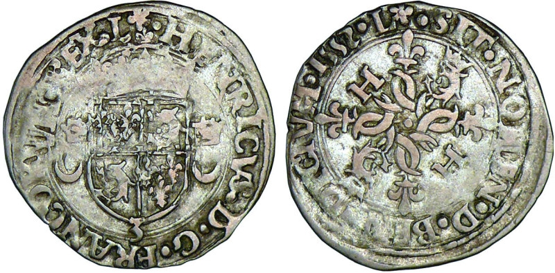 HENRI II (1547-1559)
Douzain du Dauphiné aux croissants, 2e type (dauphins cour...