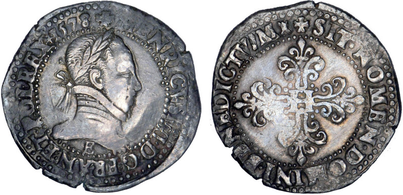 HENRI III (1574-1589)
Franc au col plat
1578 E - TTB 35 (TTB)
Tours - Rare !...
