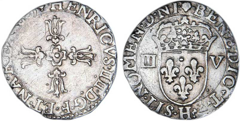 HENRI IV le Grand (1589-1610)
1/8 d'écu 2e type, var. écu accosté de III, V
16...