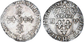 HENRI IV le Grand (1589-1610)
1/8 d'écu 2e type, var. écu accosté de III, V
1605 H - TTB 30 (TTB-)
Rarissime !!!


D 1225v, KM# 22v
LA ROCHELLE...