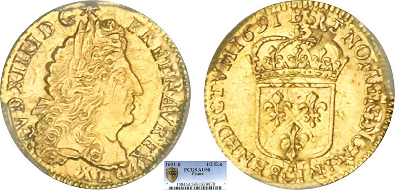 LOUIS XIV le Grand (1643-1715)
1/2 louis d'or à l'écu, mèches séparées
1691 B ...