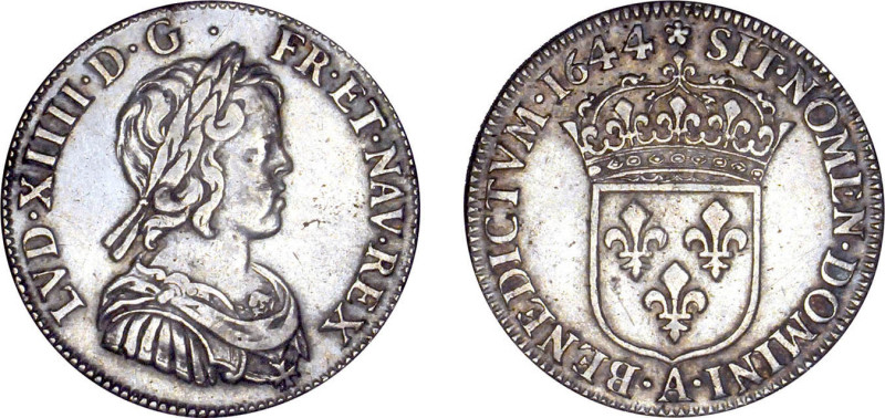 LOUIS XIV le Grand (1643-1715)
1/4 d'écu blanc à la mèche courte
1644 A * - TT...