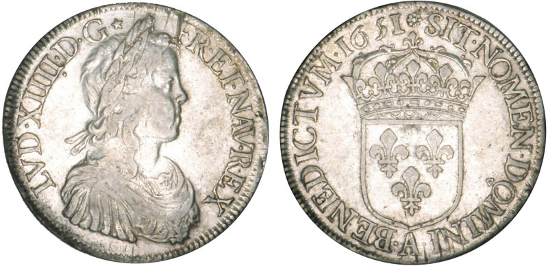 LOUIS XIV le Grand (1643-1715)
Écu blanc à la mèche longue
1651 A - TTB 35 (TT...