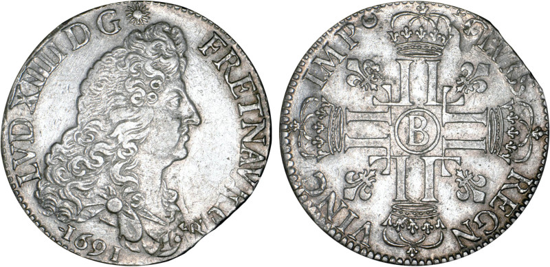 LOUIS XIV le Grand (1643-1715)
Écu aux 8 L, 1er type
1691 B - TTB 45 (TTB++)
...