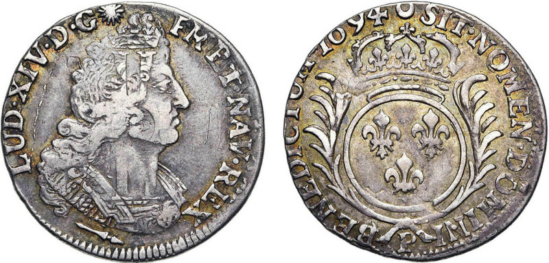 LOUIS XIV le Grand (1643-1715)
1/4 d'écu aux palmes
1694 P - TTB 40 (TTB+)
rf...