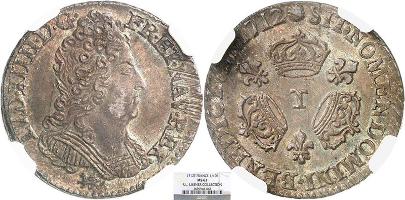 LOUIS XIV le Grand (1643-1715)
1/10 d'écu aux 3 couronnes
1712 T - SPL 62 (SUP...