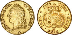LOUIS XV le Bien aimé (1715-1774)
Double louis d'or aux lunettes & à la vieille tête
1772 W - SUP 50 (SUP-)
Très Rare, net., traces mont. / tr.

...