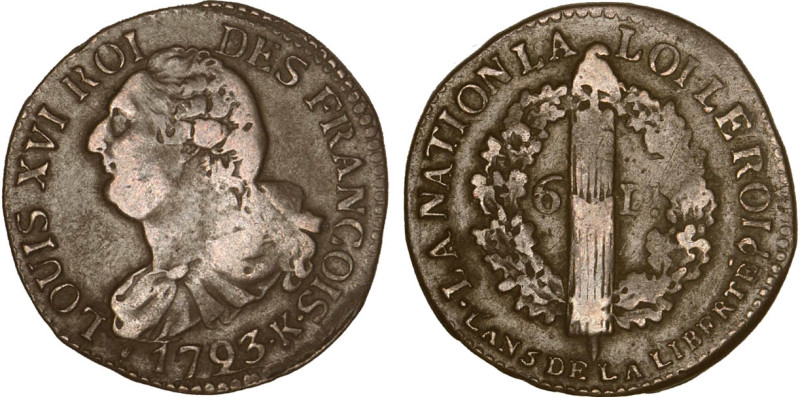 PÉRIODE RÉVOLUTIONNAIRE
6 DENIERS type "FRANÇOIS"
1793 K - TTB 35 (TTB)
Rare ...