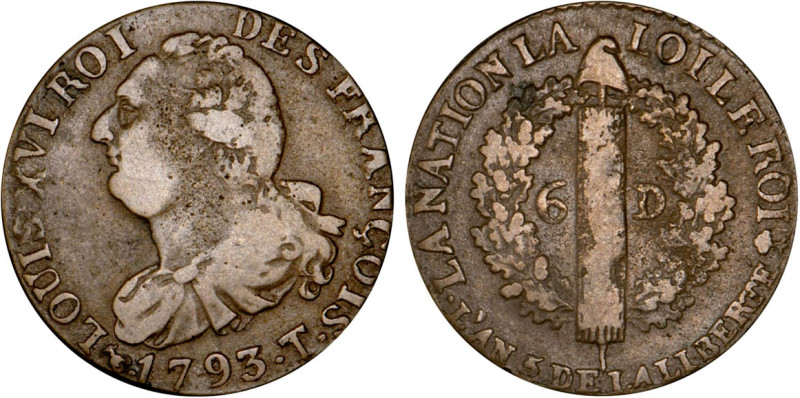 PÉRIODE RÉVOLUTIONNAIRE
6 DENIERS type "FRANÇOIS"
1793 T - TTB 35 (TTB)
léger...