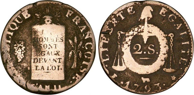PÉRIODE RÉVOLUTIONNAIRE
2 SOLS à la balance type "daté"
1793 PAU - TB 20 (TB+)...