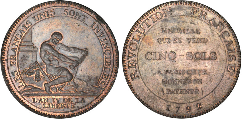 PÉRIODE RÉVOLUTIONNAIRE
MONNERON DE CINQ-SOLS, à l'Hercule - bronze
1792 - SUP...