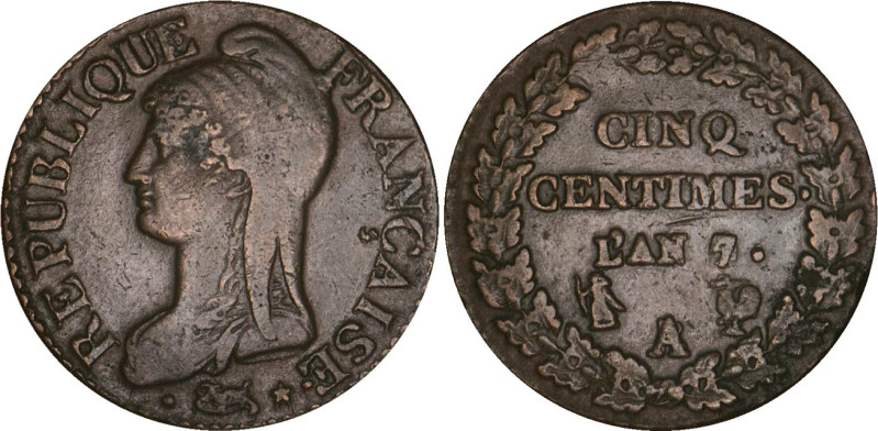 5 CENTIMES
CINQ CENTIMES type Dupré (Directoire)
AN 7 A - TTB 35 (TTB)
7/5, A...