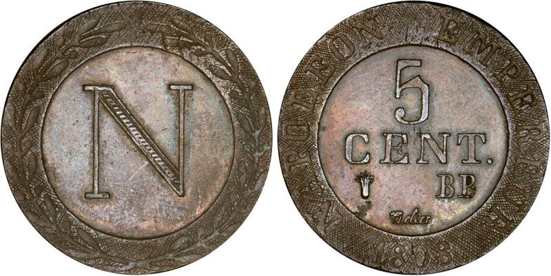 5 CENTIMES
5 CENT. Napoléon Ier "Strasbourg"
1808 BB - SUP 55 (SUP)
Rare en l...