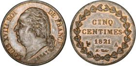 5 CENTIMES
CINQ CENTIMES, Louis XVIII
1821 A - SPL 60 (SUP+)
ESSAI en bronze - Rare !


G 137
PARIS - BRONZE - 7,44g
 ------------------------...