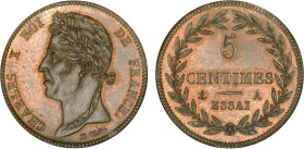 5 CENTIMES
5 CENTIMES, Charles X - ESSAI
ND A - SPL 62 (SUP++)
Tranche hachurée - Rare !


G 138, KM# E9A
PARIS - BRONZE - 7,60g
 ------------...