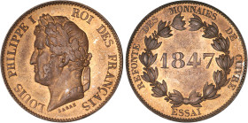 5 CENTIMES
5 CENT. (module de) Louis Philippe I, Barre - revers : Refonte des monnaies de cuivre, (date), essai - 26 mm
1847 - SPL 63 (SUP++)
Très ...