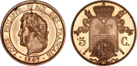 5 CENTIMES
5 C. (CENTIMES) Louis Philippe I, type à la charte de 1830
1847 - FDC 64 (FDC)
Très Rare !! - légères taches


G 148, KM# Pn 36
 - B...