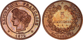 5 CENTIMES
5 CENTIMES type Cérès (IIIe République)
1872 a - SPL 62 (SUP++)
Très Rare en l'état !!


G 157a, F 118, KM# 821
PARIS - BRONZE - 
 ...